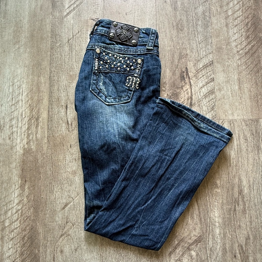 Women’s Y2K Buckle Miss Me Distressed Studded Rhinestone Bootcut Denim Jeans 28